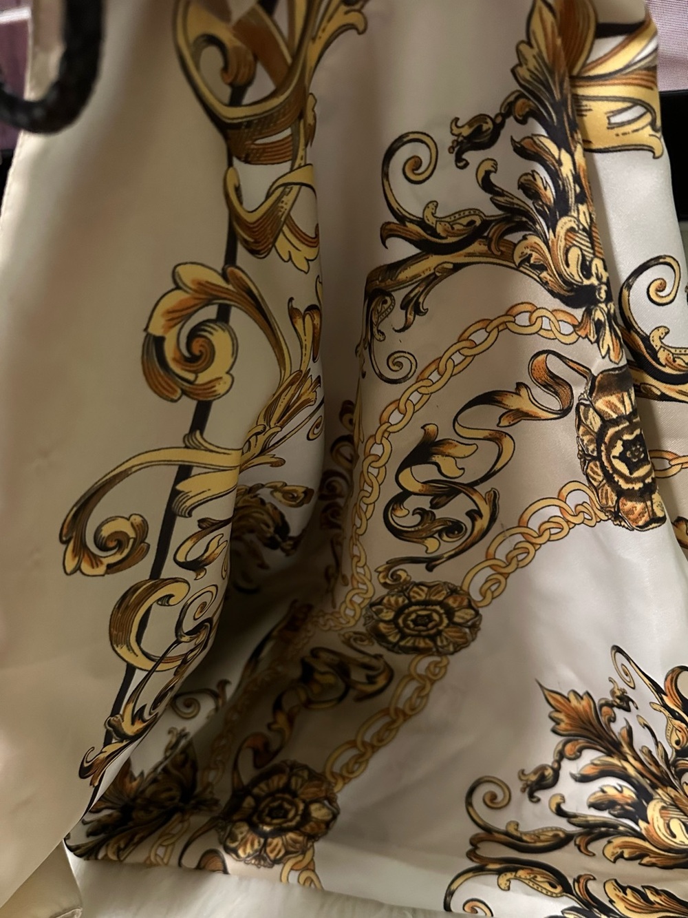 H&M Cream Scarf with Gold and Black Baroque Scroll Print